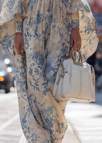 Unique O Neck Print Cotton Robe Dresses Flare Sleeve