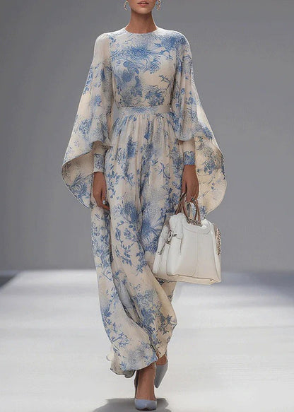 Unique O Neck Print Cotton Robe Dresses Flare Sleeve