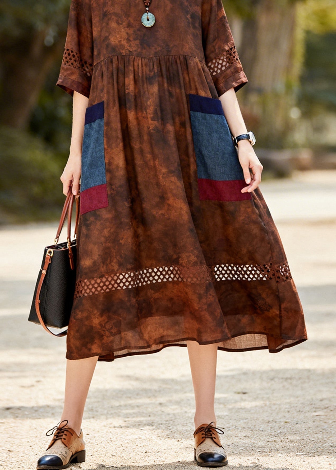 Unique O Neck Print Patchwork Cotton Dress Summer
