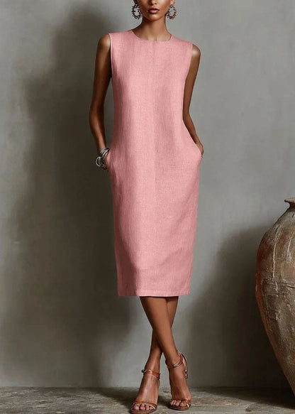 Unique Orange O-Neck Cotton Mid Dresses Sleeveless