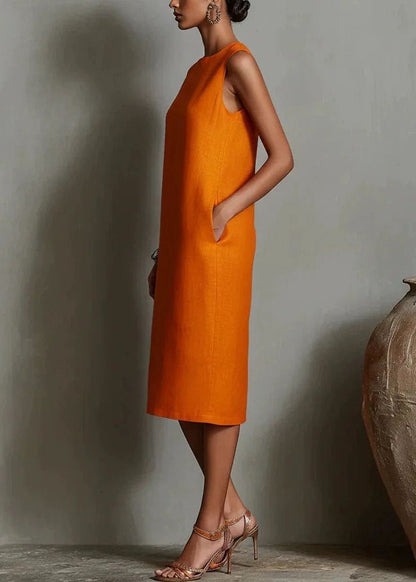 Unique Orange O-Neck Cotton Mid Dresses Sleeveless