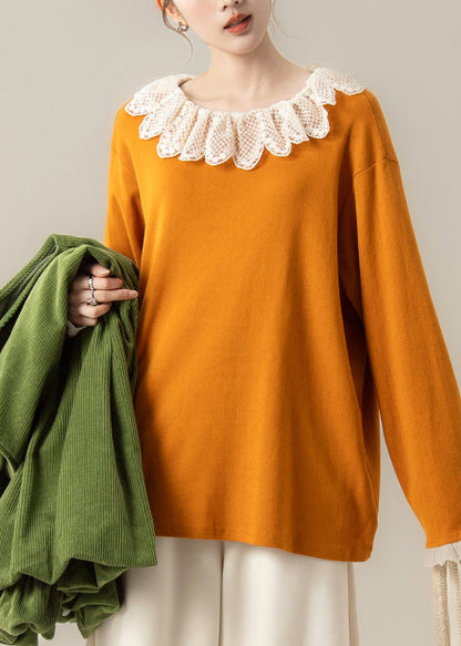 Einzigartige orangefarbene Oversize-Bluse mit Patchwork-Spitze, Frühlings-Design