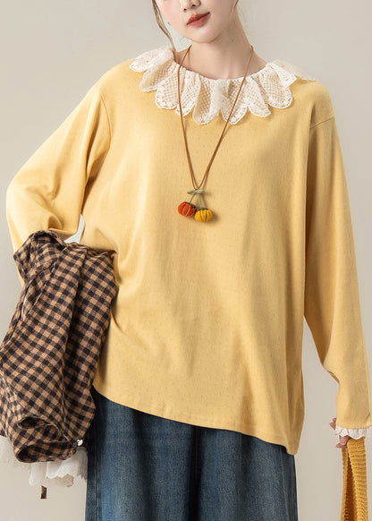 Einzigartige orangefarbene Oversize-Bluse mit Patchwork-Spitze, Frühlings-Design