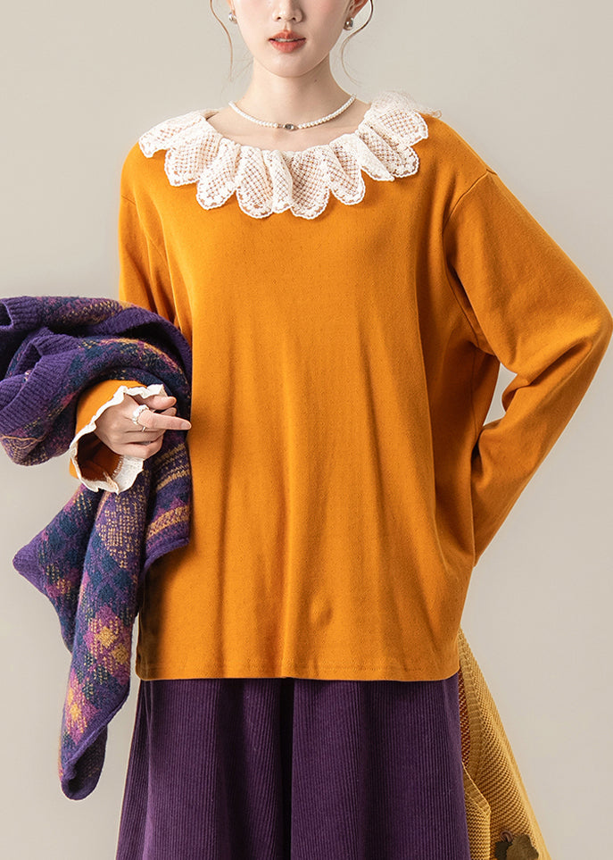 Einzigartige orangefarbene Oversize-Bluse mit Patchwork-Spitze, Frühlings-Design