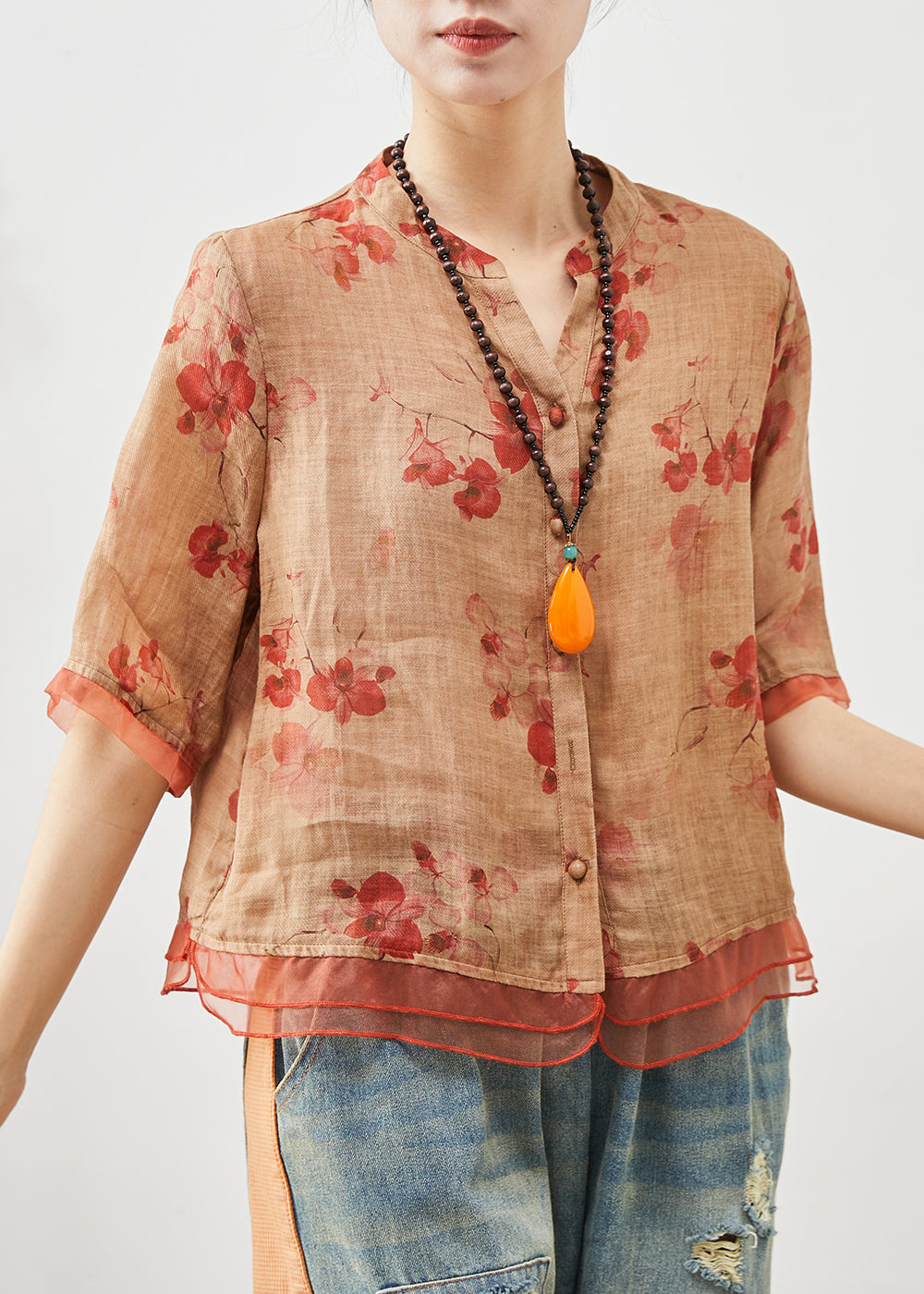 Einzigartiges oranges Oversize Patchwork Leinen Top Sommer