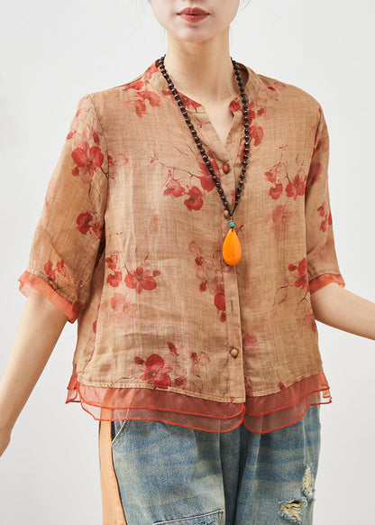 Einzigartiges oranges Oversize Patchwork Leinen Top Sommer