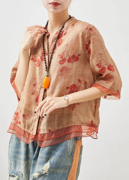 Einzigartiges oranges Oversize Patchwork Leinen Top Sommer
