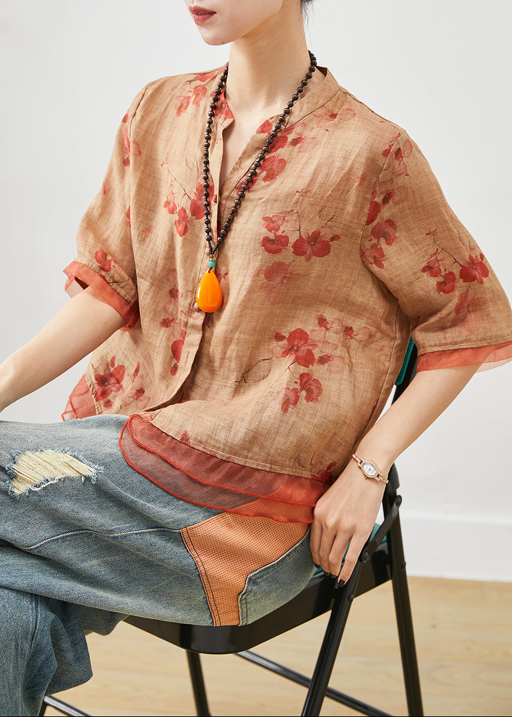 Einzigartiges oranges Oversize Patchwork Leinen Top Sommer