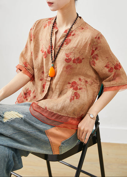 Einzigartiges oranges Oversize Patchwork Leinen Top Sommer