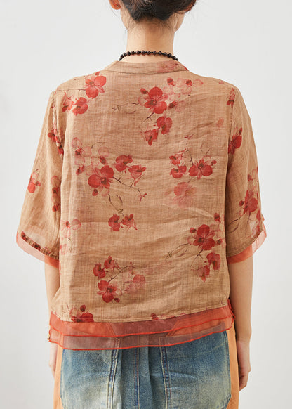 Einzigartiges oranges Oversize Patchwork Leinen Top Sommer