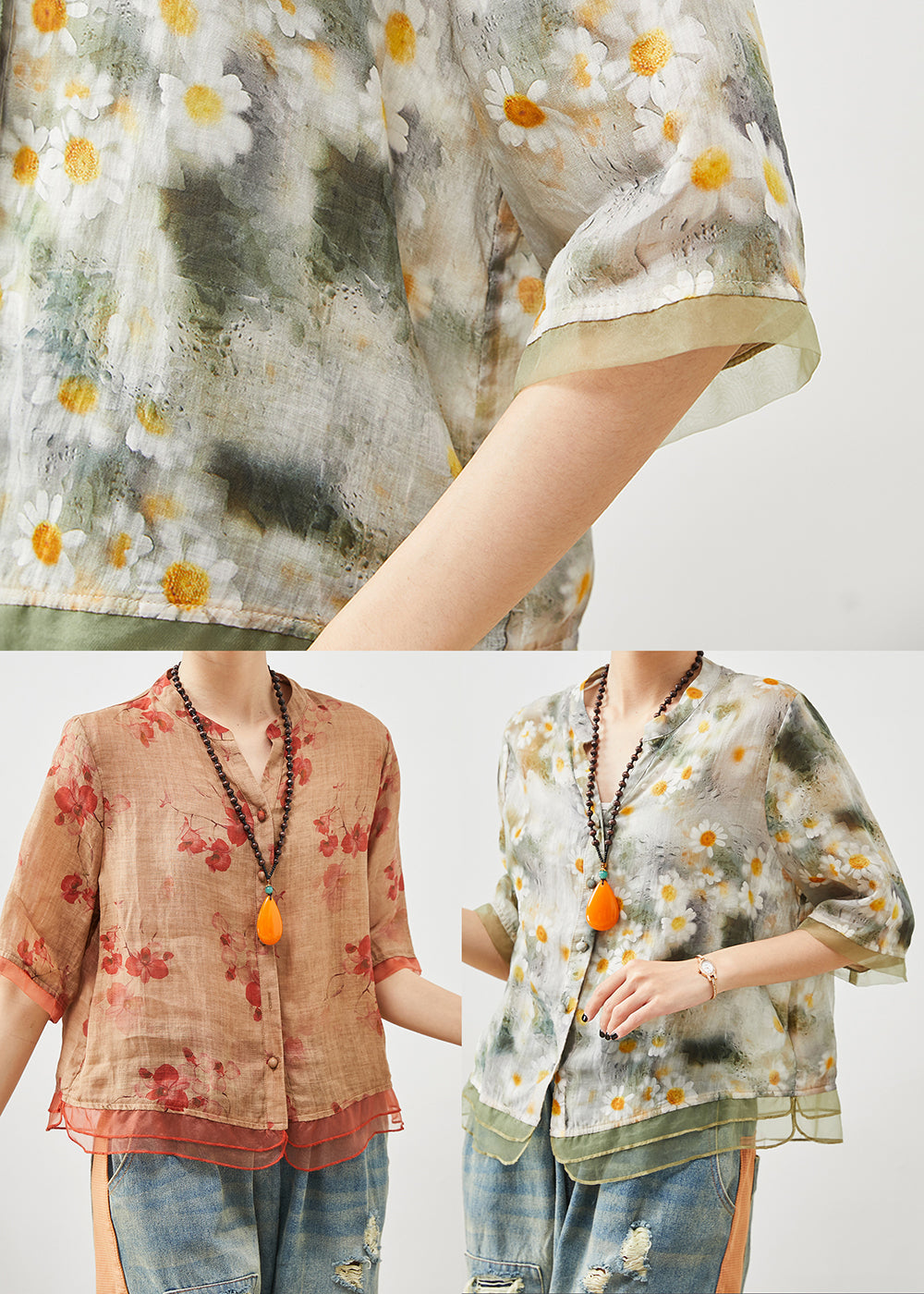 Einzigartiges oranges Oversize Patchwork Leinen Top Sommer