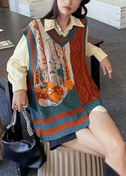 Einzigartige orange Patchwork asymmetrisches Design Print Herbst Strickweste