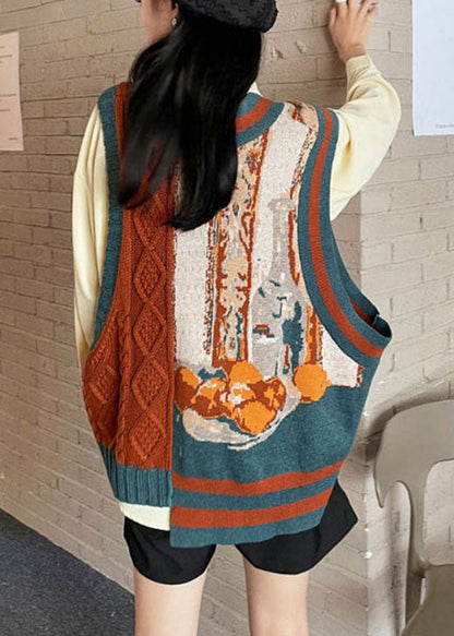 Einzigartige orange Patchwork asymmetrisches Design Print Herbst Strickweste