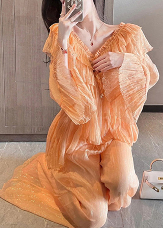 Einzigartiges orangefarbenes Patchwork-Chiffon-Zweiteiler-Set für den Sommer