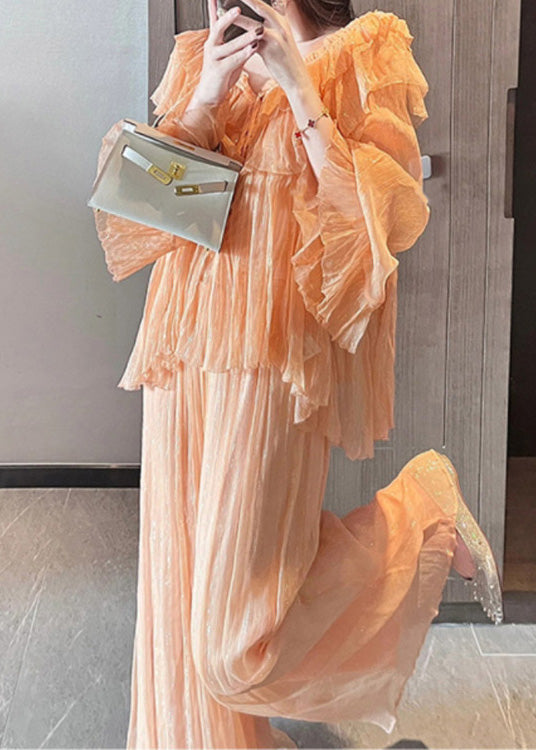 Einzigartiges orangefarbenes Patchwork-Chiffon-Zweiteiler-Set für den Sommer