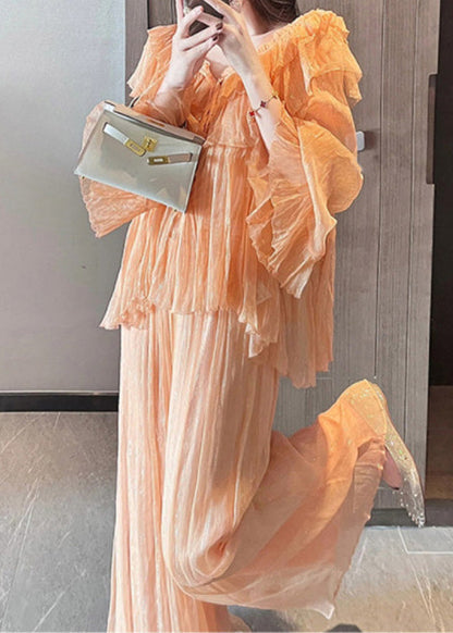 Einzigartiges orangefarbenes Patchwork-Chiffon-Zweiteiler-Set für den Sommer