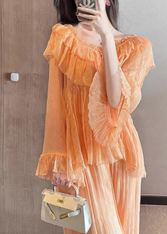 Einzigartiges orangefarbenes Patchwork-Chiffon-Zweiteiler-Set für den Sommer