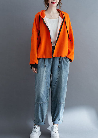 Einzigartige orangefarbene Kapuzenjacke mit Reißverschluss und Kordelzug, lange Ärmel