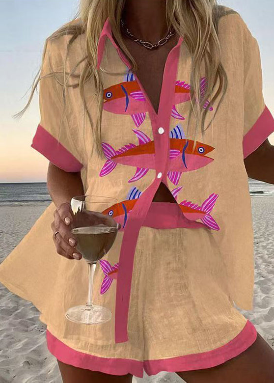 Einzigartiges, übergroßes Leinen-Set mit Print für Damen, 2-teilig, Sommer