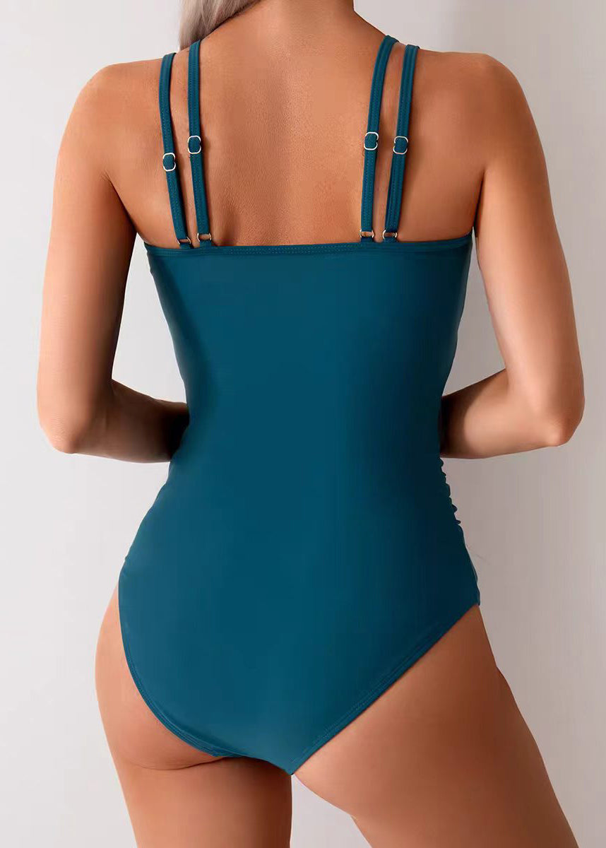 Unique Peacock Green Wrinkled Patchwork Mesh Swimwear Bodysuit