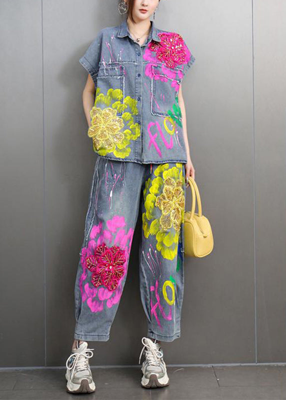 Unique Peter Pan Collar Floral Denim Shirts And Crop Pants Two-Piece Set Short Sleeve