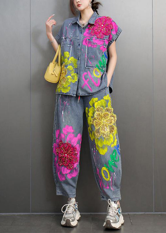 Unique Peter Pan Collar Floral Denim Shirts And Crop Pants Two-Piece Set Short Sleeve