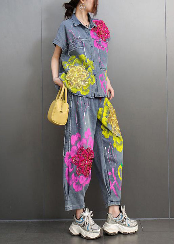 Unique Peter Pan Collar Floral Denim Shirts And Crop Pants Two-Piece Set Short Sleeve