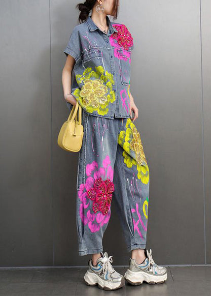 Unique Peter Pan Collar Floral Denim Shirts And Crop Pants Two-Piece Set Short Sleeve