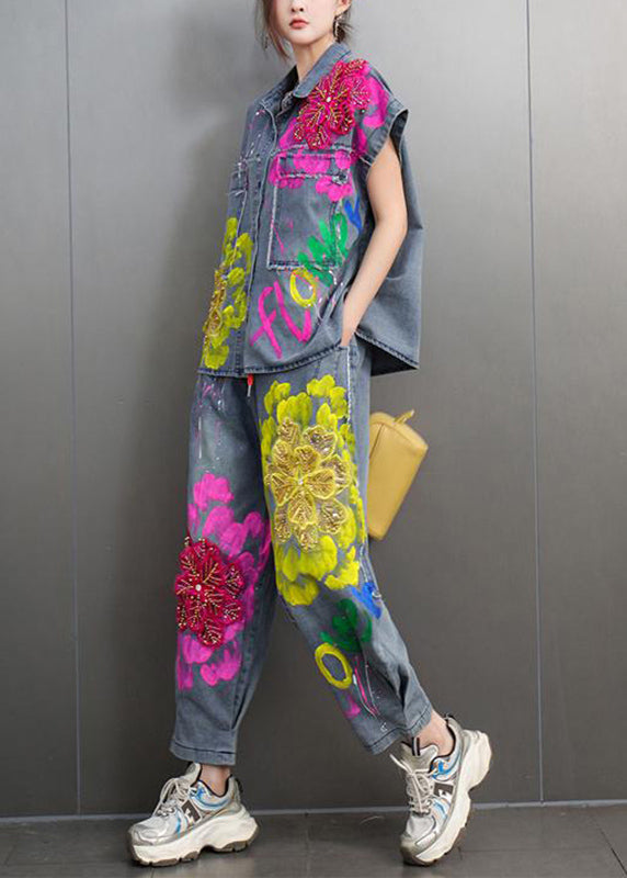 Unique Peter Pan Collar Floral Denim Shirts And Crop Pants Two-Piece Set Short Sleeve