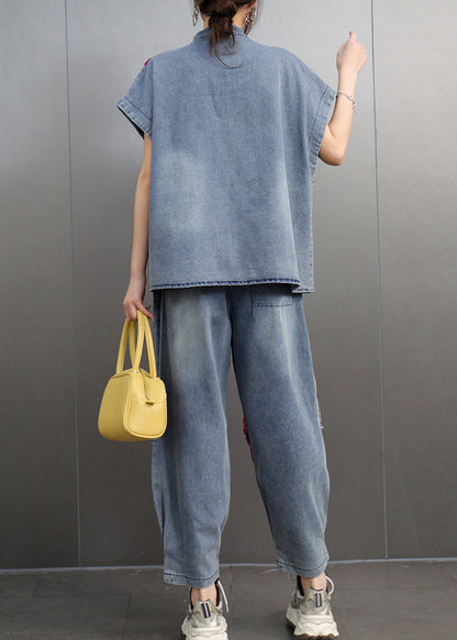 Unique Peter Pan Collar Floral Denim Shirts And Crop Pants Two-Piece Set Short Sleeve