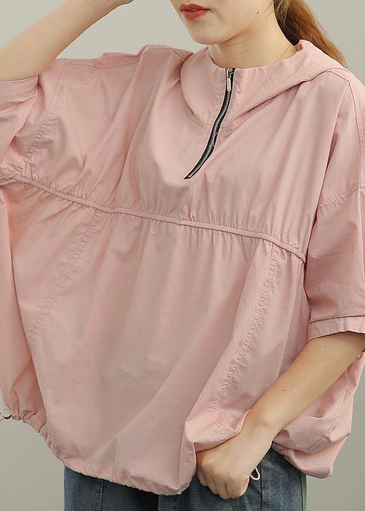 Unique Pink Cinched Half Sleeve Cotton Summer Shirt Top - SooLinen
