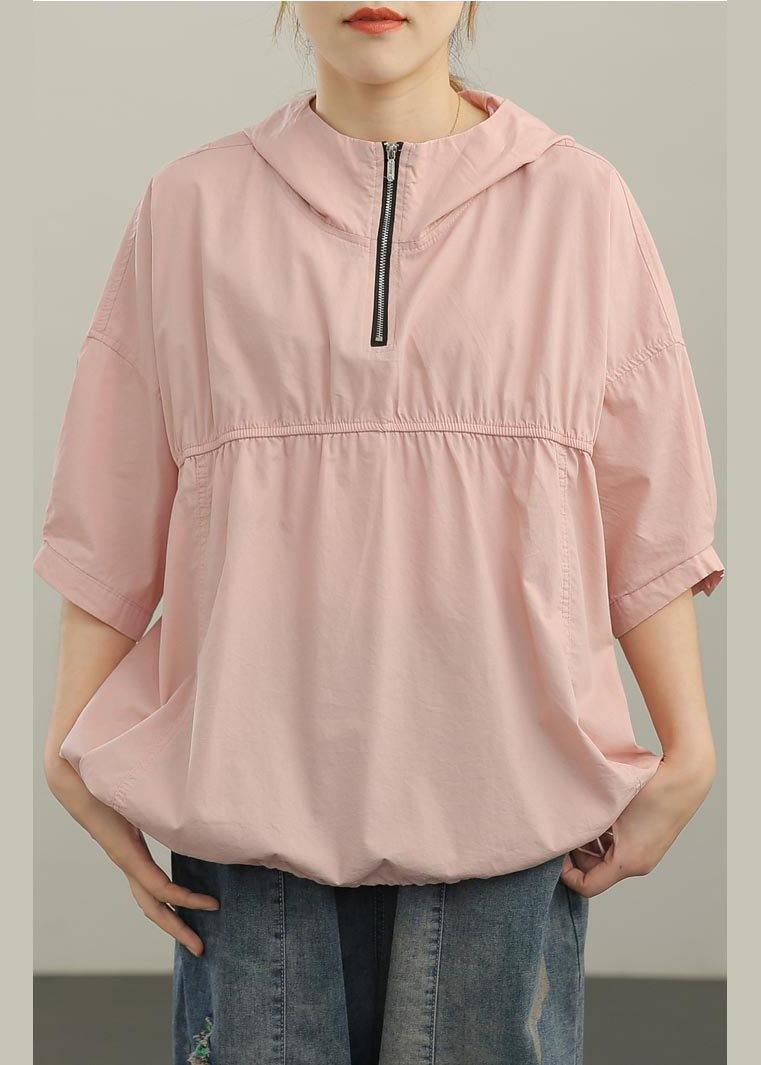 Unique Pink Cinched Half Sleeve Cotton Summer Shirt Top - SooLinen