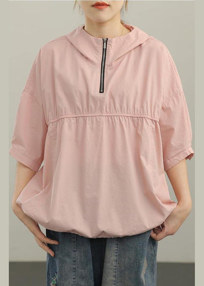 Unique Pink Cinched Half Sleeve Cotton Summer Shirt Top - SooLinen