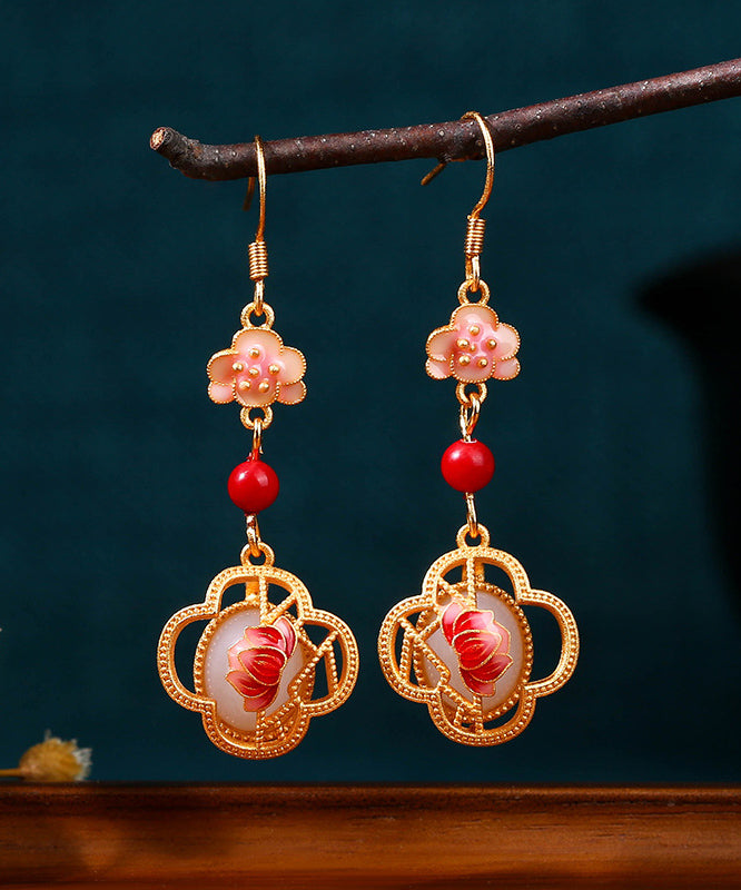 Pendientes colgantes únicos con diseño floral de loto y esmalte de jade dorado en cobre rosa