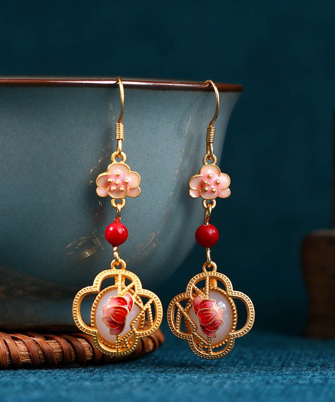 Pendientes colgantes únicos con diseño floral de loto y esmalte de jade dorado en cobre rosa