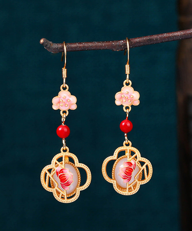 Pendientes colgantes únicos con diseño floral de loto y esmalte de jade dorado en cobre rosa