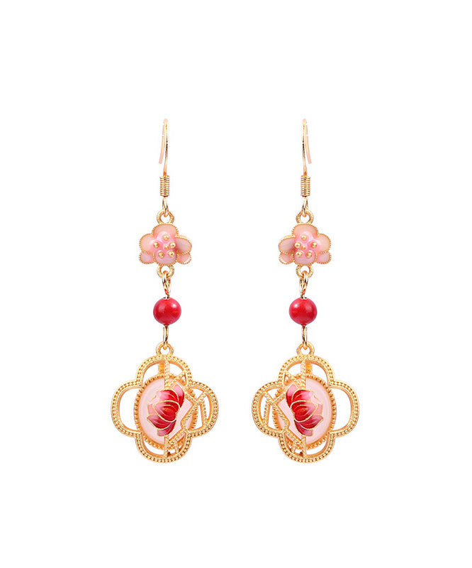 Pendientes colgantes únicos con diseño floral de loto y esmalte de jade dorado en cobre rosa
