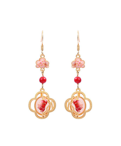 Pendientes colgantes únicos con diseño floral de loto y esmalte de jade dorado en cobre rosa