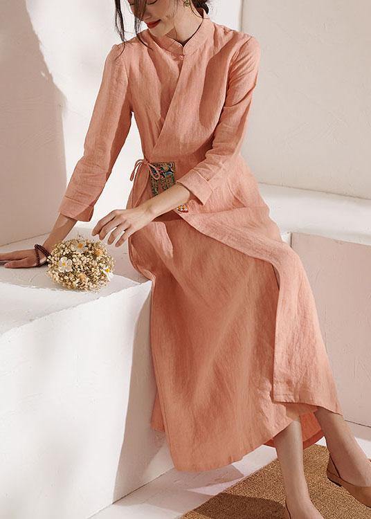 Unique Pink Embroideried tie waist Summer Linen Summer Dresses - SooLinen