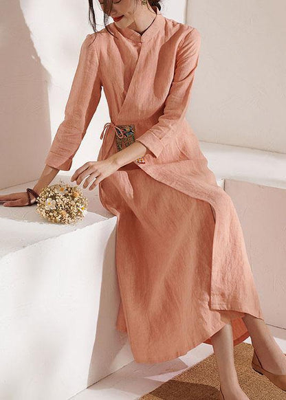 Unique Pink Embroideried tie waist Summer Linen Summer Dresses - SooLinen