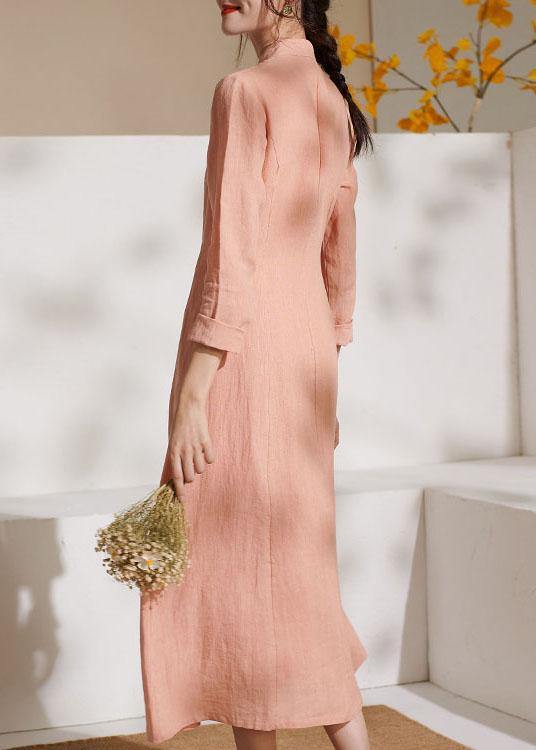 Unique Pink Embroideried tie waist Summer Linen Summer Dresses - SooLinen