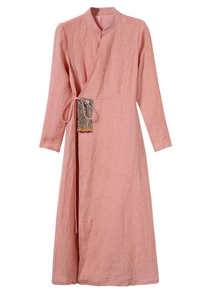 Unique Pink Embroideried tie waist Summer Linen Summer Dresses - SooLinen