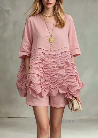 Unique Pink O Neck Wrinkled Patchwork Cotton Top Summer