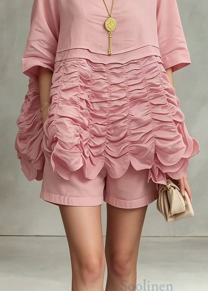 Unique Pink O Neck Wrinkled Patchwork Cotton Top Summer