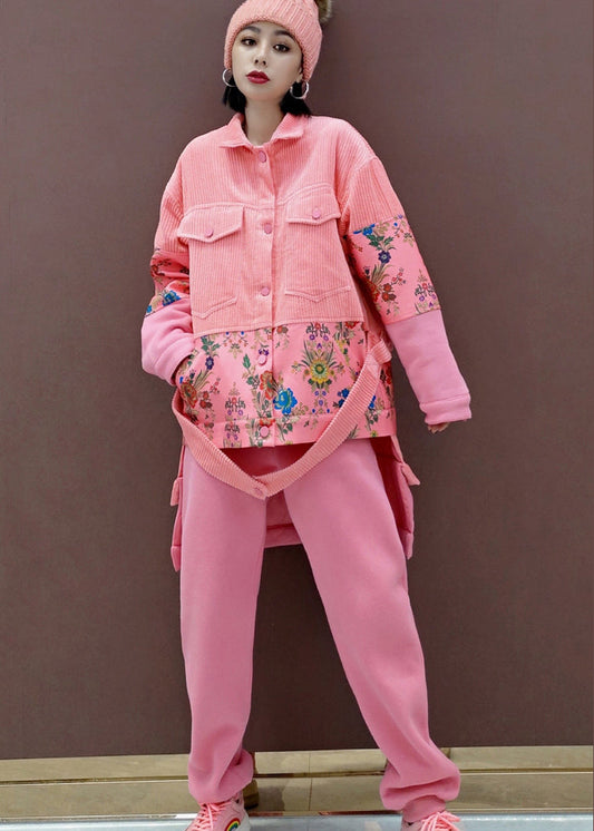 Einzigartiges rosa Peter Pan Kragen Patchwork Cord Zweiteiler Set Frühling