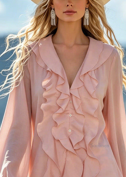 Unique Pink Ruffled Patchwork Cotton Top Long Sleeve