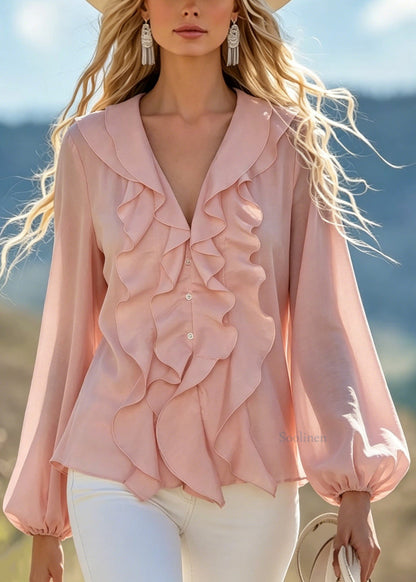 Unique Pink Ruffled Patchwork Cotton Top Long Sleeve