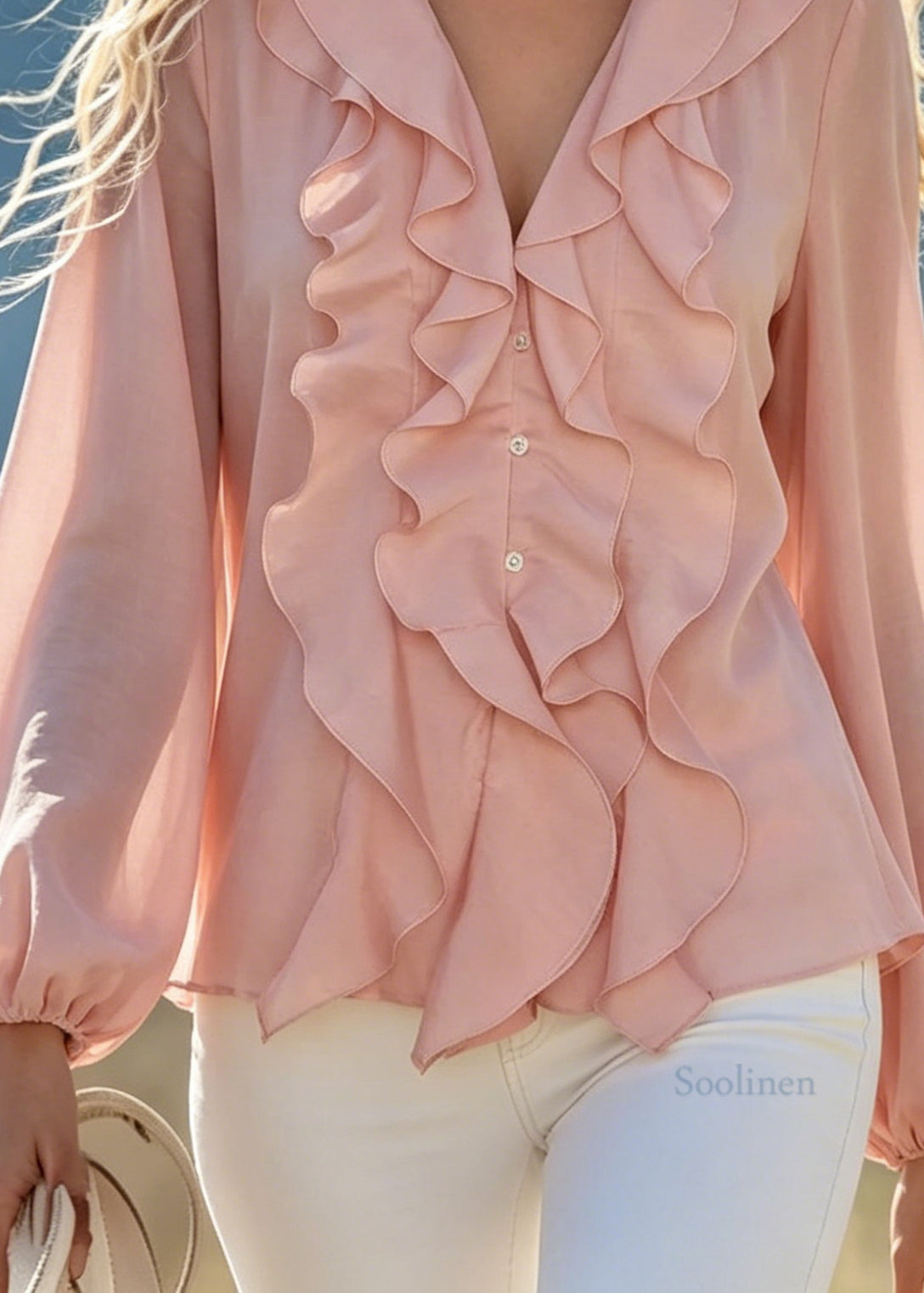 Unique Pink Ruffled Patchwork Cotton Top Long Sleeve