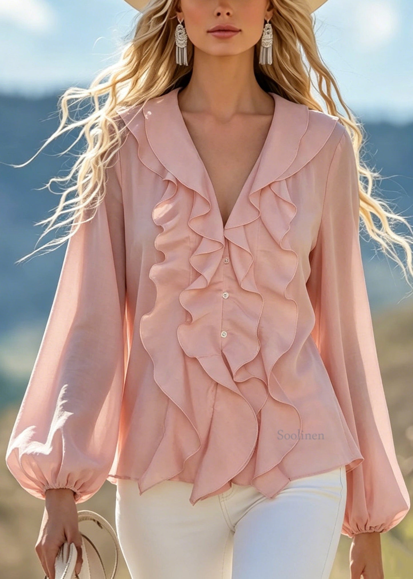 Unique Pink Ruffled Patchwork Cotton Top Long Sleeve