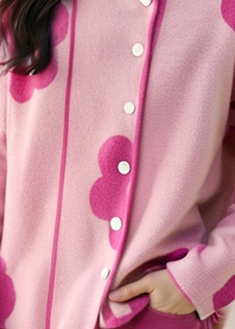 Einzigartige rosa Strickjacken aus Baumwolle mit Stehkragen und Print für den Frühling